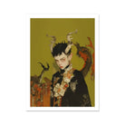 Baphomet’s Bastard Gay Demon Art Print, Stylized Portrait Figure Horns Floral Adornments Yellow Green Background