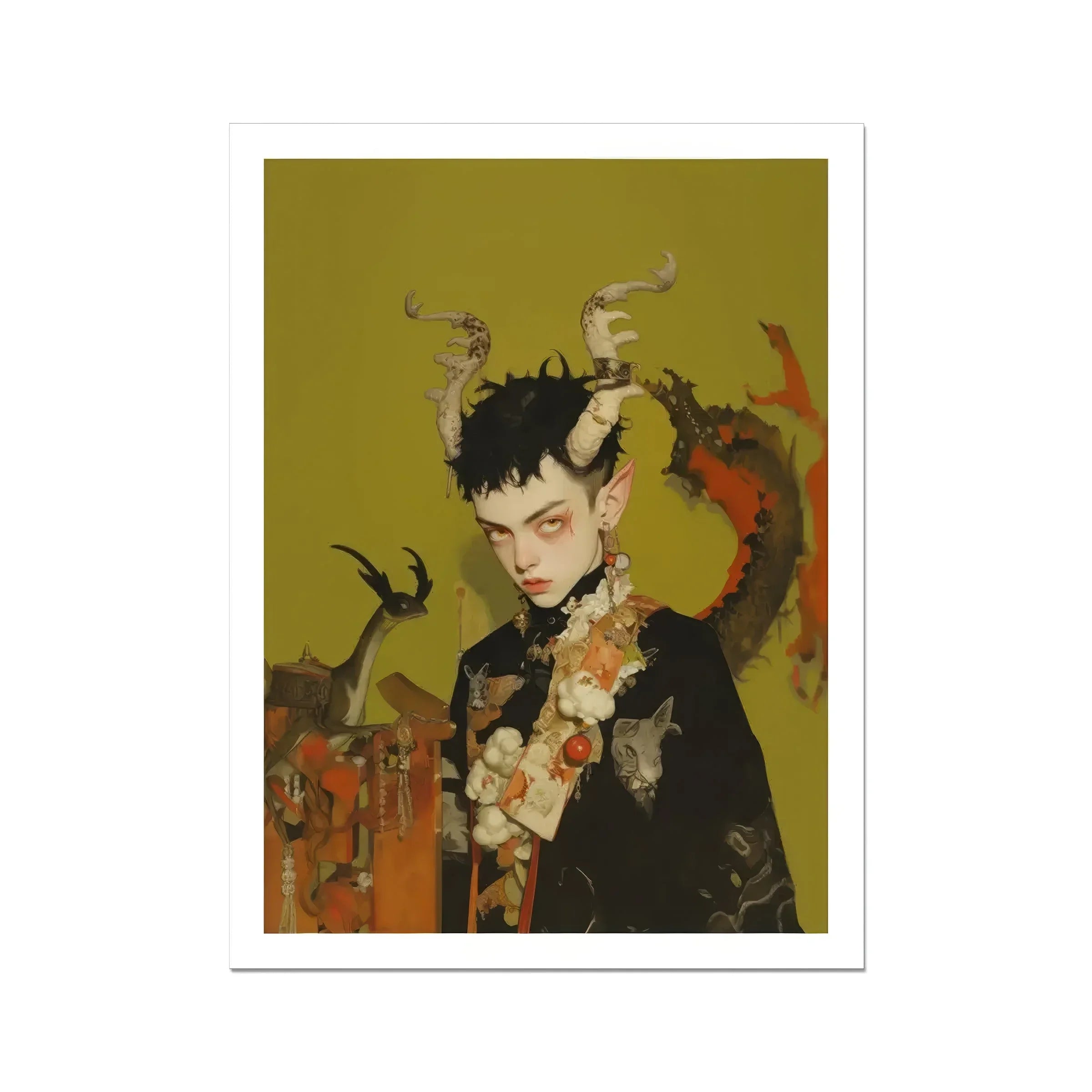 Baphomet’s Bastard Gay Demon Art Print, Stylized Portrait Figure Horns Floral Adornments Yellow Green Background
