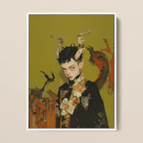Baphomet’s Bastard - Gay Demon Framed Canvas, 12x16’’ / 31x41cm / White Floating Frame, Stylized Portrait Horned Elf-eared Person Dark Hair