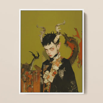 Baphomet’s Bastard - Gay Demon Framed Canvas, 12x16’’ / 31x41cm / White Floating Frame, Stylized Portrait Horned Elf-eared Person Dark Hair
