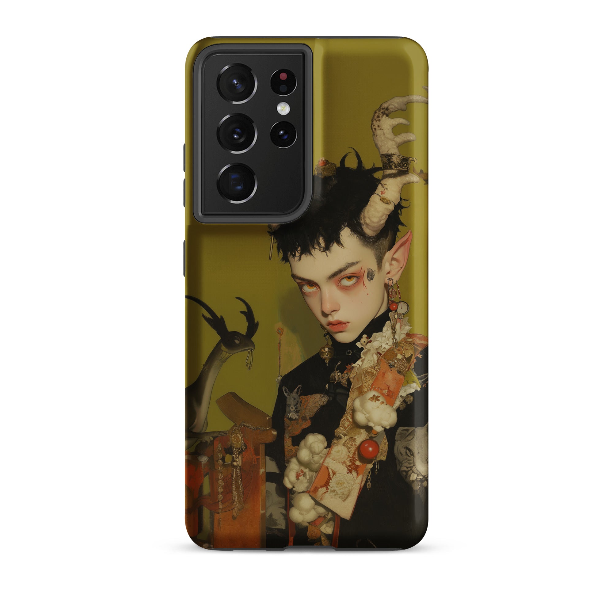Baphomet’s Bastard Gay Demon Samsung Case, Galaxy S21 Ultra / Matte, Dark Green Smartphone Case Illustration Horned Elf Eared Person