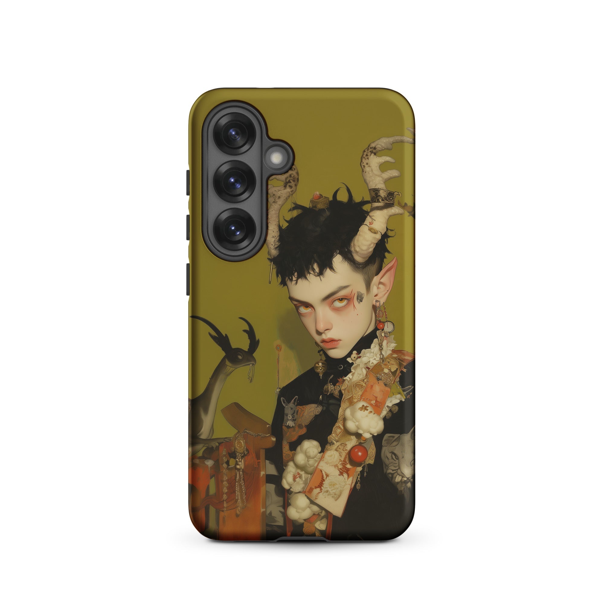 Baphomet’s Bastard Gay Demon Samsung Case, Galaxy S25 / Matte, Phone Case Stylized Portrait Horned Elf Eared Figure Pale