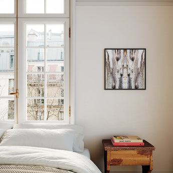 Barking Mad 3 - Tree Trunk Op Art Framed Canvas, Bedroom Tall Window White Bedding Abstract Wall Art