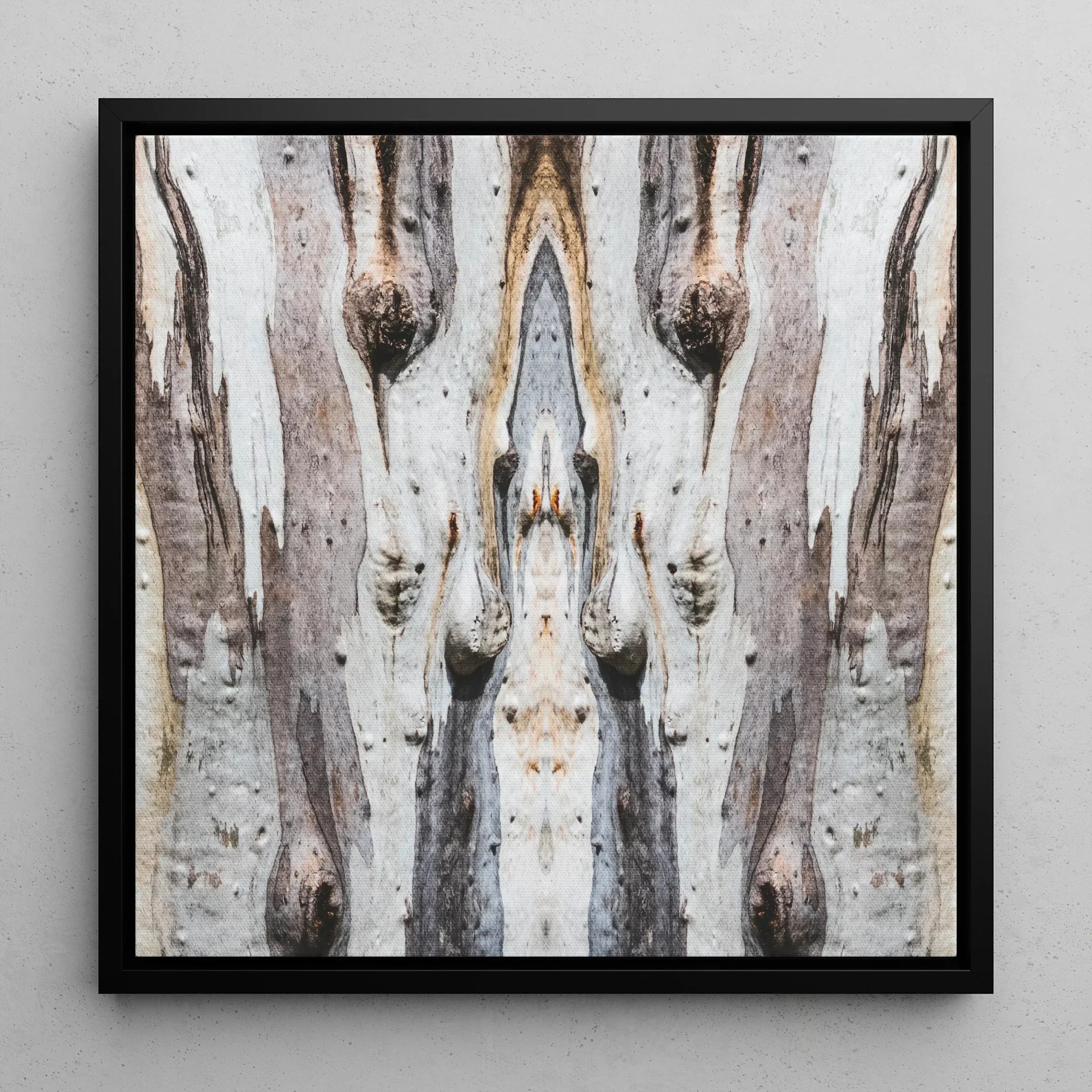 Barking Mad 3 - Tree Trunk Op Art Framed Canvas, Symmetrical Abstract Pattern Tree Bark Textures Muted Earthy