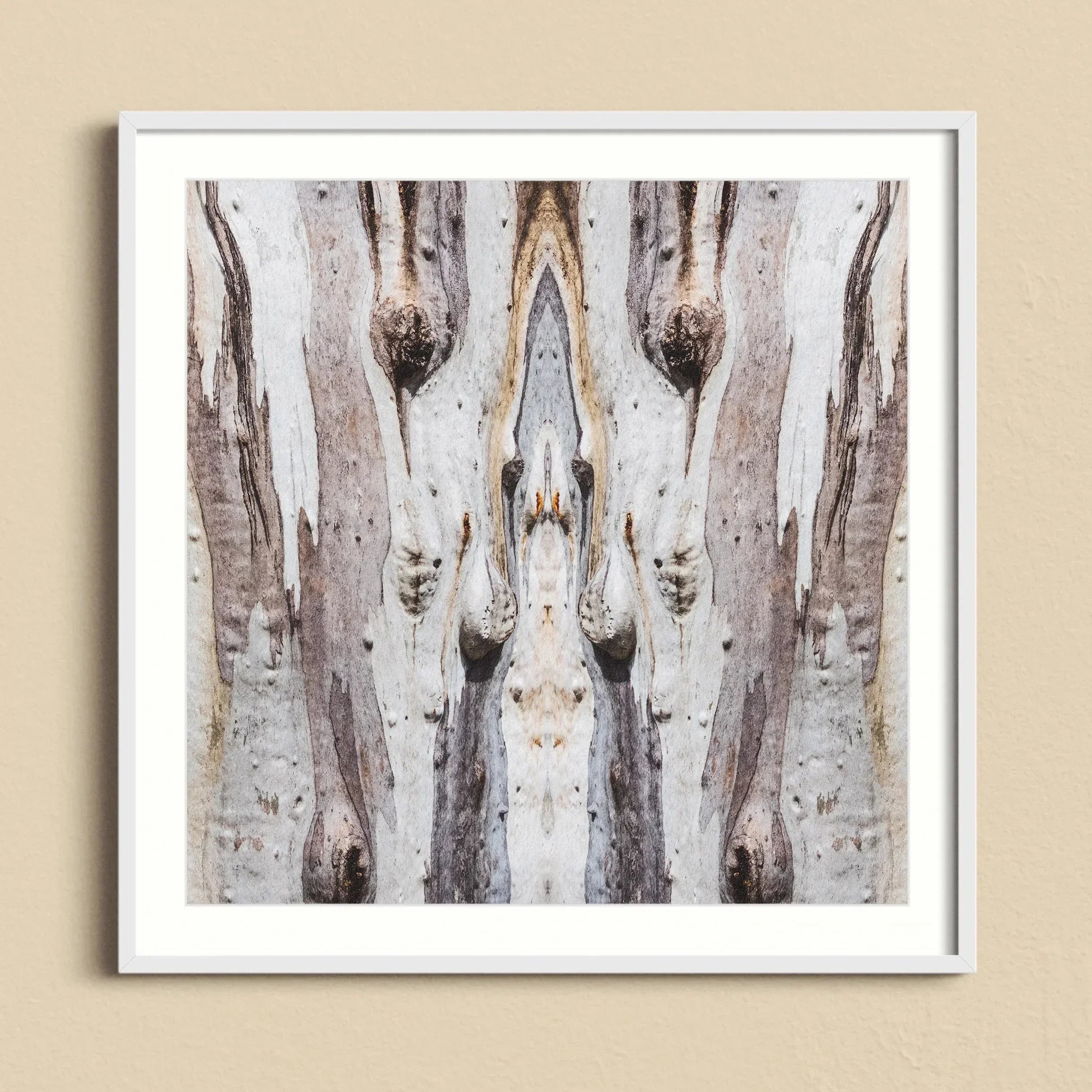Barking Mad 3 Trippy Tree Trunk Art Print, Mirror Symmetrical Pattern Tree Bark Textures Brown White Tones