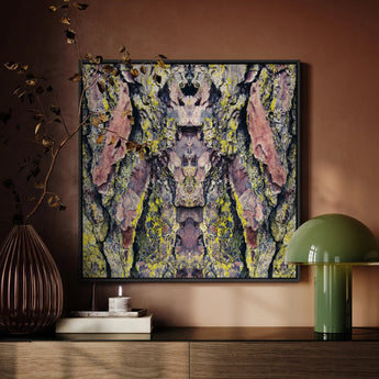 Barking Mad too - Trippy Tree Art Framed Canvas, Abstract Framed Artwork Symmetrical Patterns Purple Yellow Green