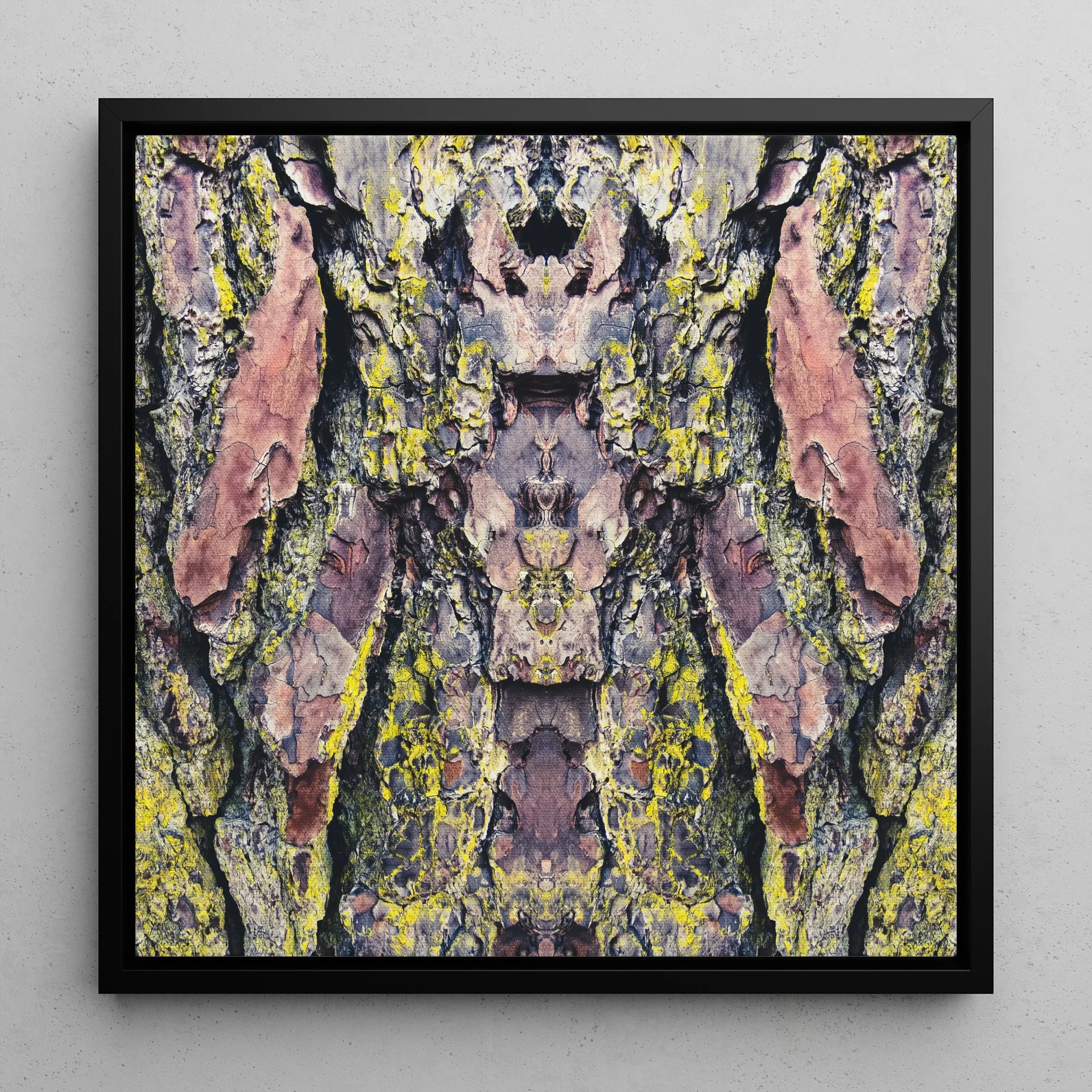 Barking Mad too - Trippy Tree Art Framed Canvas, Abstract Symmetrical Artwork Textured Tree Bark Mottled Pink