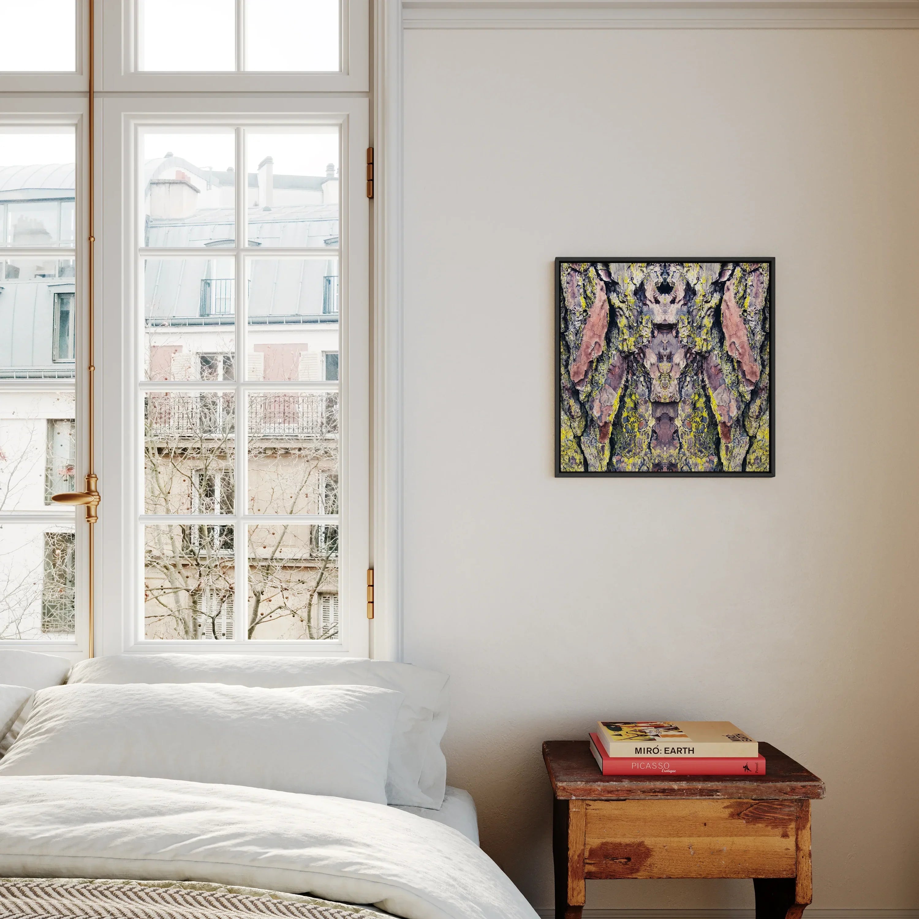 Barking Mad too - Trippy Tree Art Framed Canvas, Bedroom Window White Bedding Colorful Framed Artwork Wall