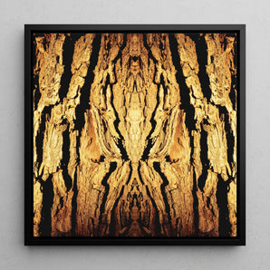 Barking Mad - Trippy Tree Trunk Art Framed Canvas, 12x12’’ / 31x31cm / Black Floating Frame, Symmetrical Pattern Golden Textured Tree Bark