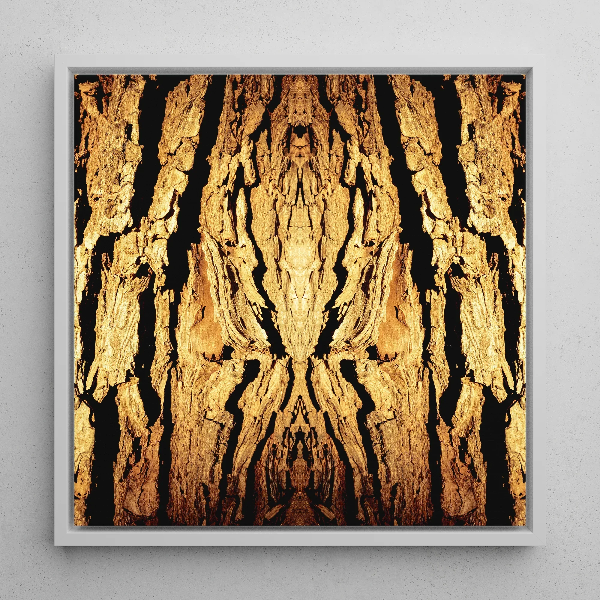 Barking Mad - Trippy Tree Trunk Art Framed Canvas, 12x12’’ / 31x31cm / White Floating Frame, Symmetrical Golden Bark Pattern