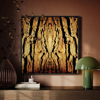 Barking Mad - Trippy Tree Trunk Art Framed Canvas, Abstract Artwork Golden Textured Patterns Tree Bark Geological