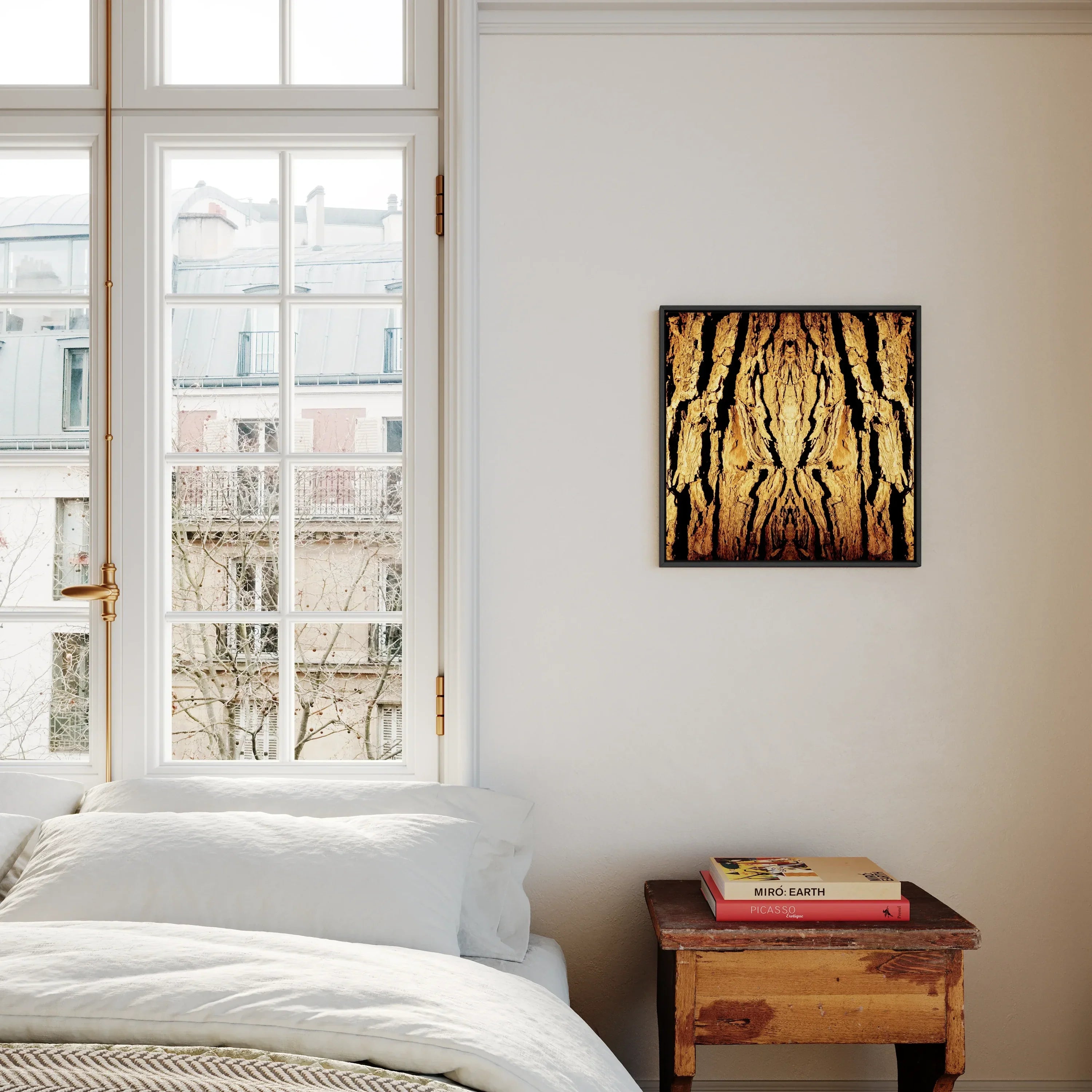 Barking Mad - Trippy Tree Trunk Art Framed Canvas, Bedroom Window White Bedding Abstract Artwork Wall