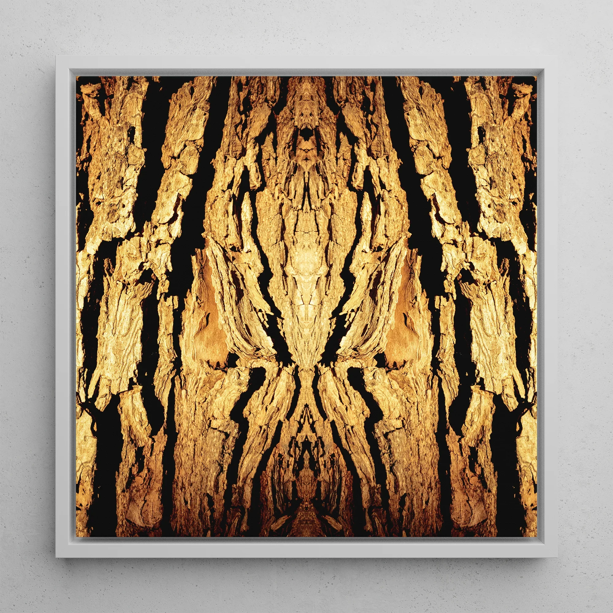 Barking Mad - Trippy Tree Trunk Art Framed Canvas, Symmetrical Golden Bark Pattern