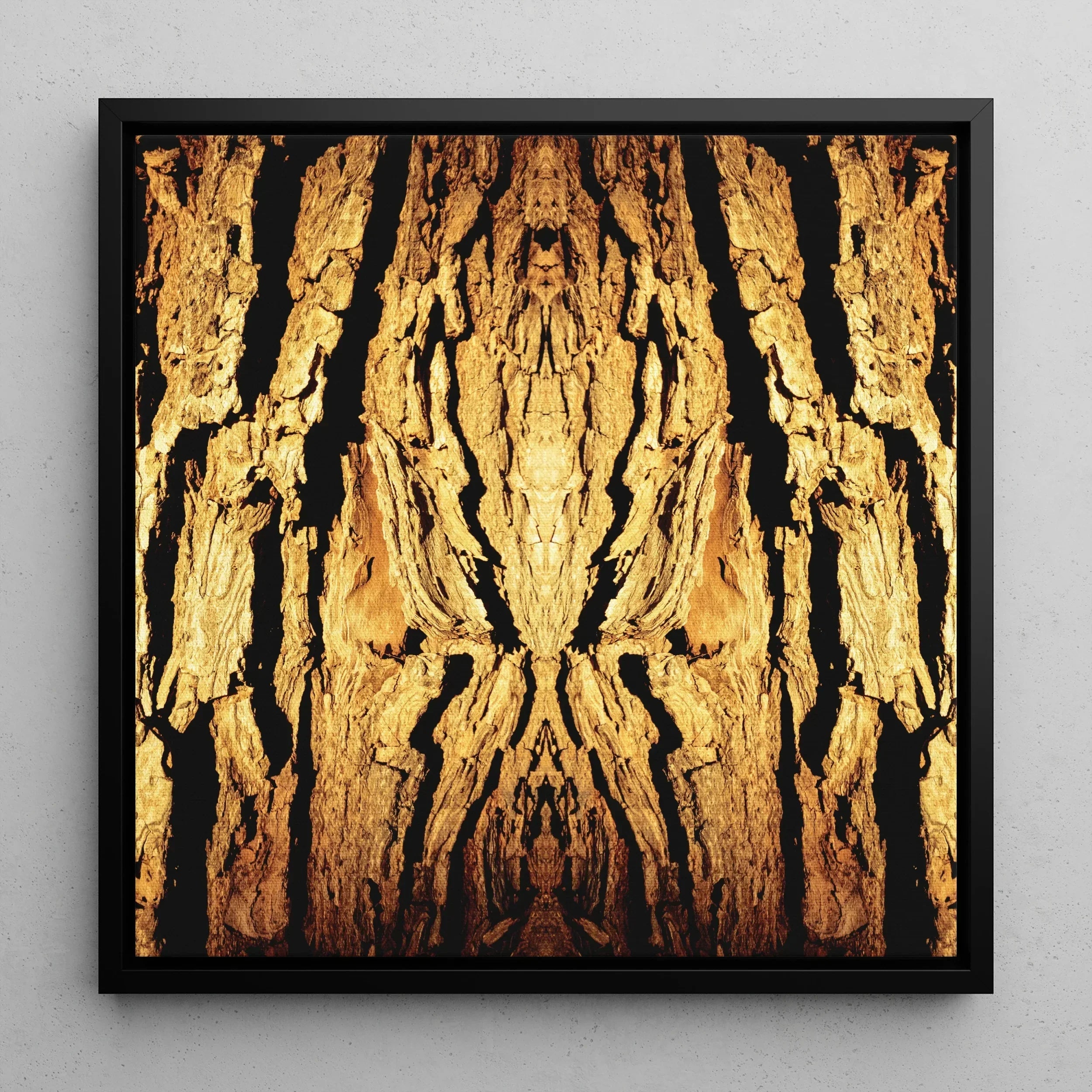 Barking Mad - Trippy Tree Trunk Art Framed Canvas, Symmetrical Pattern Golden Textured Tree Bark Abstract Face