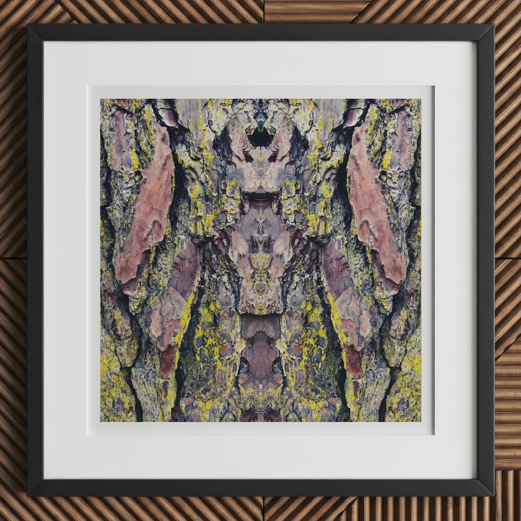 Barking Mad too - Trippy Tree Trunk Art Print, 12x12’’ / 31x31cm / Black Frame / 2’’ Matboard, Framed Abstract Artwork Symmetrical Bark