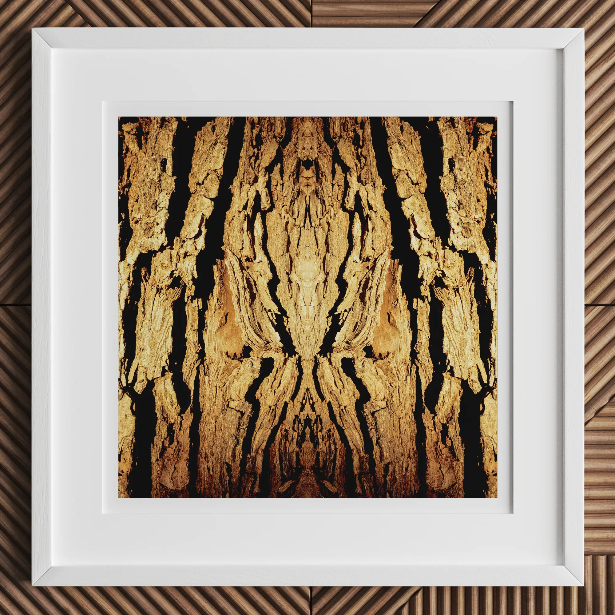 Barking Mad - Trippy Tree Trunk Art Print, 12x12’’ / 31x31cm / White Frame, Framed Abstract Art Print Symmetrical Pattern Golden-brown Wood
