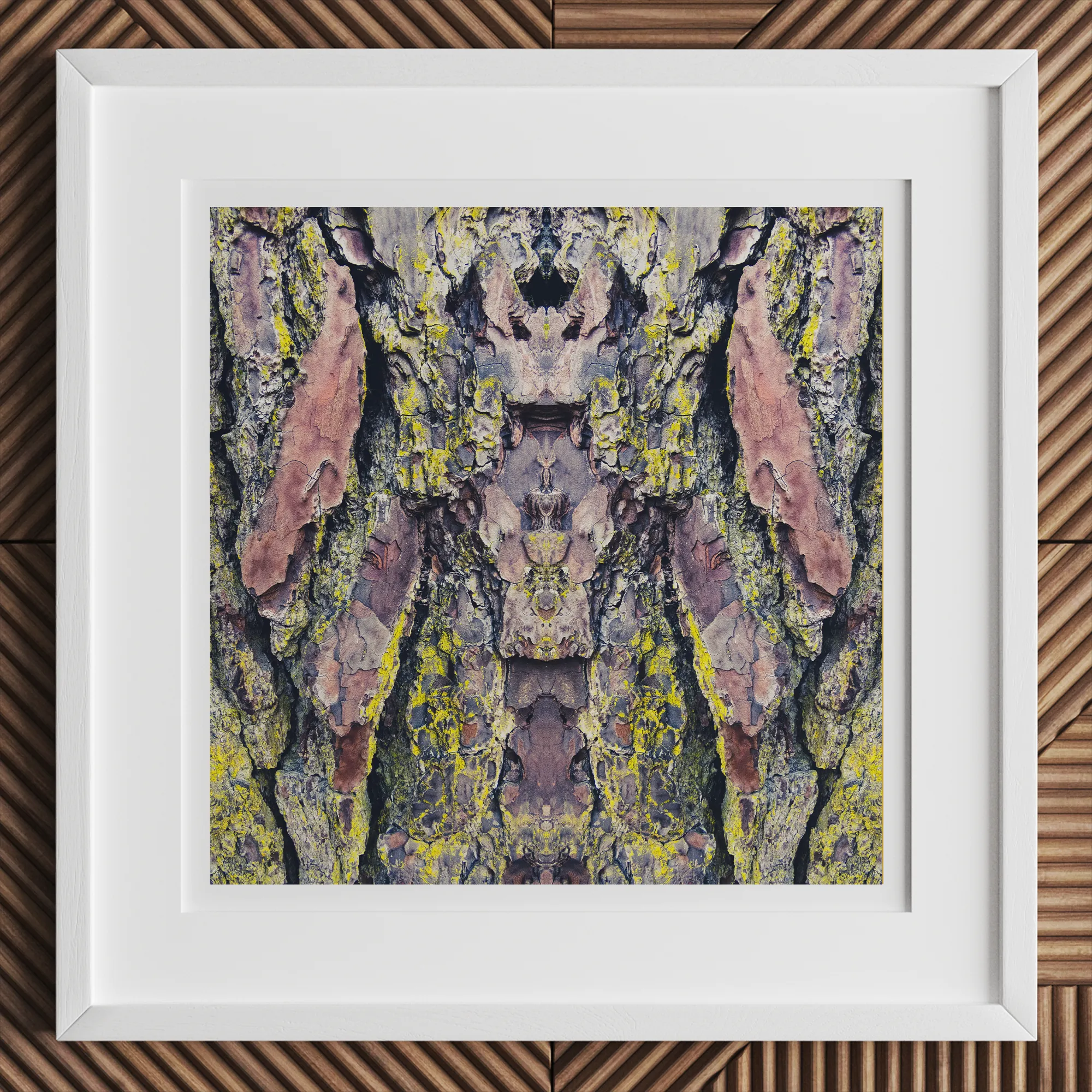 Barking Mad too - Trippy Tree Trunk Art Print, 12x12’’ / 31x31cm / White Frame, Framed Square Abstract Art Print Mirrored Pattern Tree