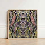 Square-framed Art Print Symmetrical Abstract Design Tree Bark Barking Mad Transports, Nature’s Textures Dance, Kaleidoscopic Realm