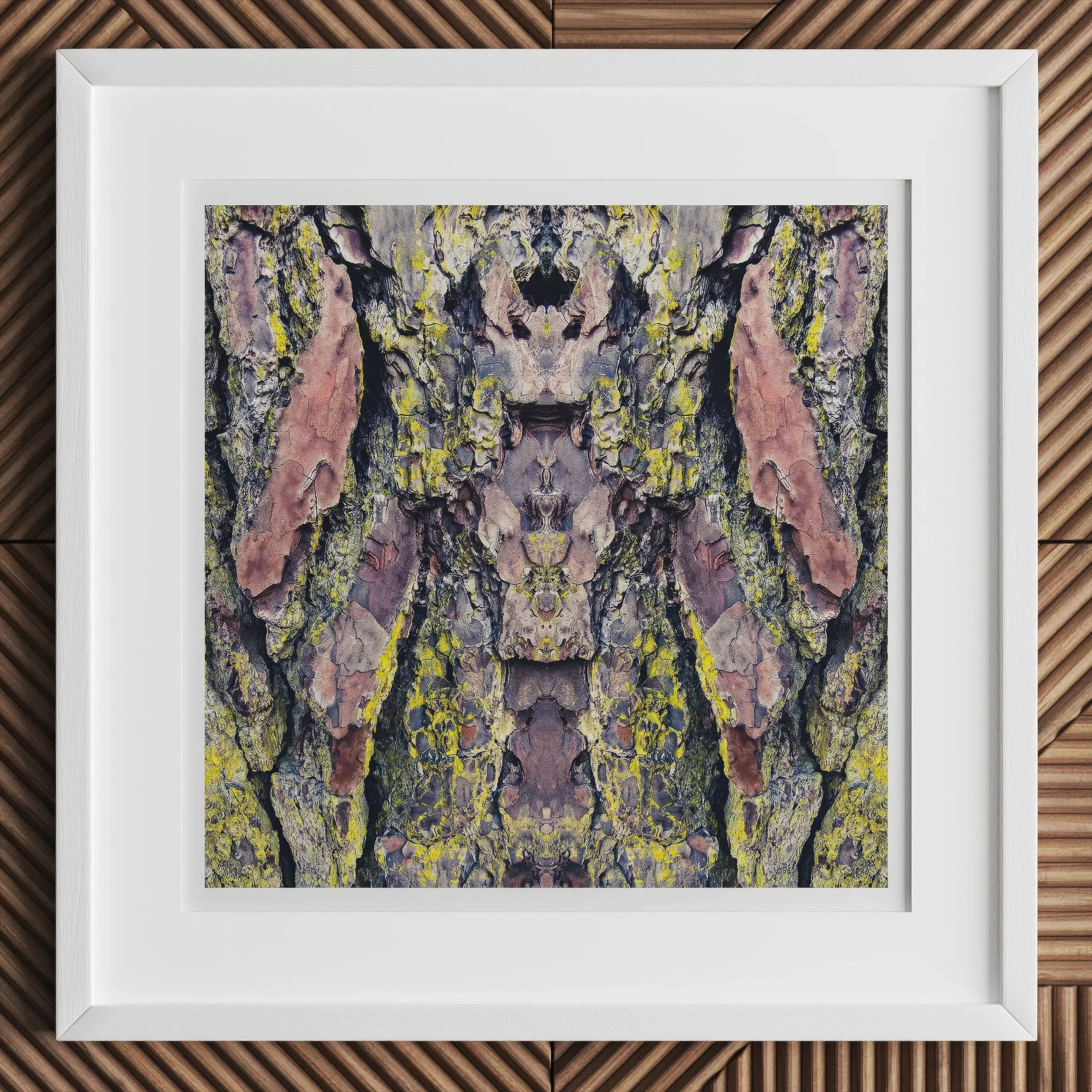 Barking Mad too - Trippy Tree Trunk Art Print, Framed Abstract Artwork Colorful Tree Bark Lichen Patterns