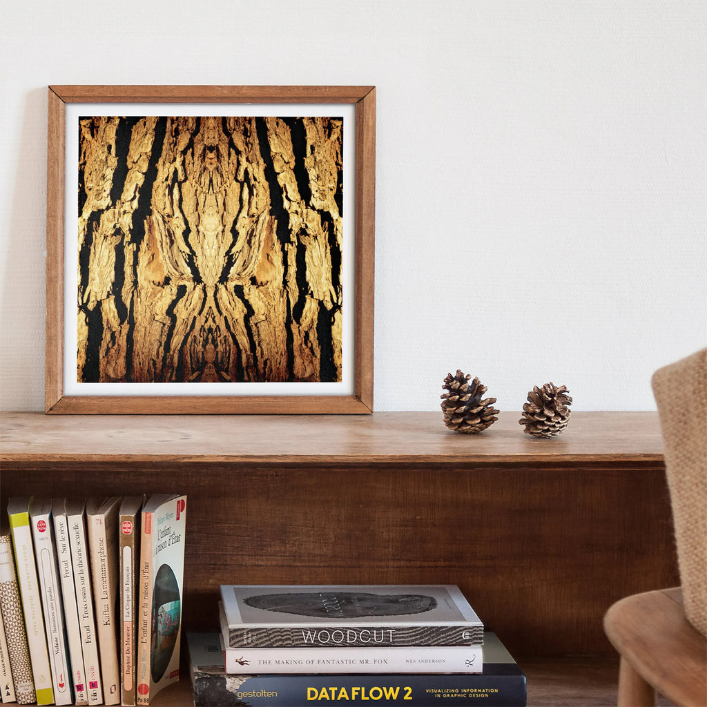 Framed abstract botanical op art featuring a trippy tree trunk design