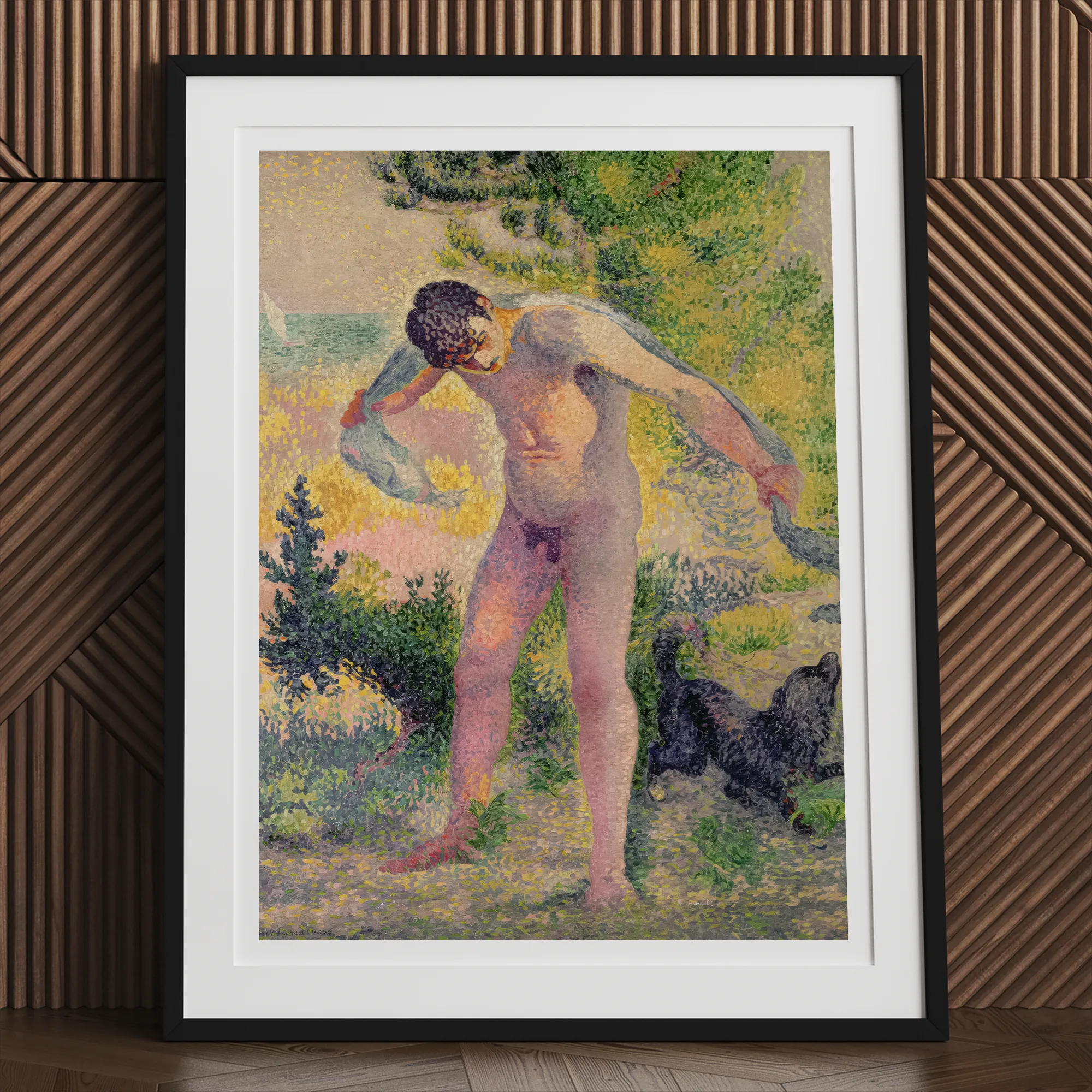 Bather Drying Himself at St Tropez Henri Edmond Cross Art Print, Framed Pointillist Painting Nude Man Dog