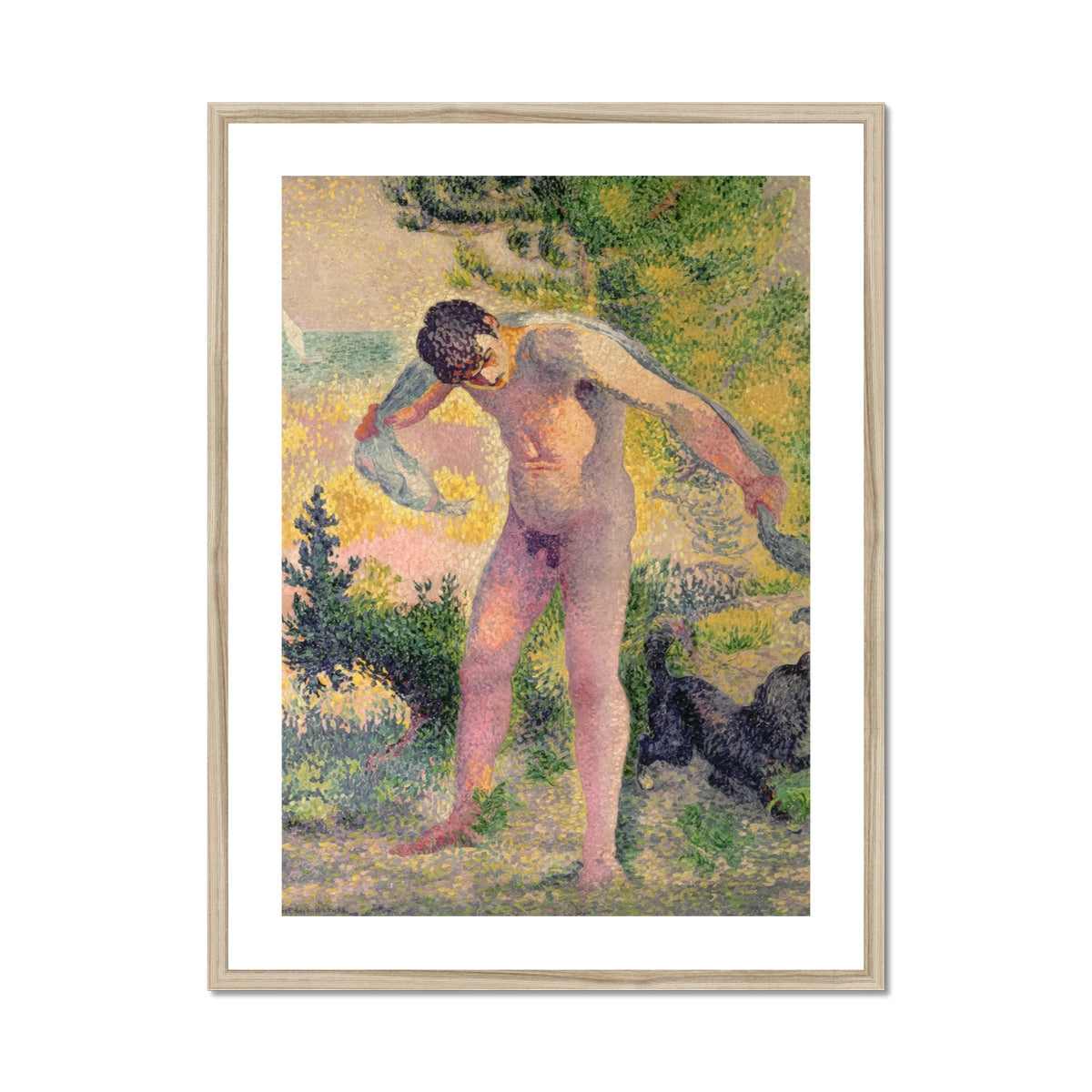Bather Drying Himself at St Tropez Henri Edmond Cross Art Print, Framed Pointillist Painting Nude Man Dog