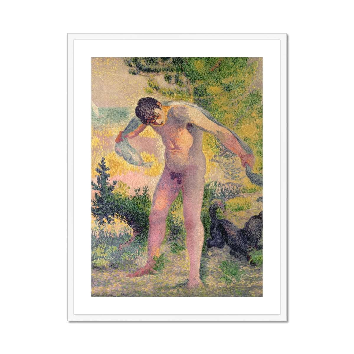 Bather Drying Himself at St Tropez Henri Edmond Cross Art Print, Pointillist Painting Nude Man Dog
