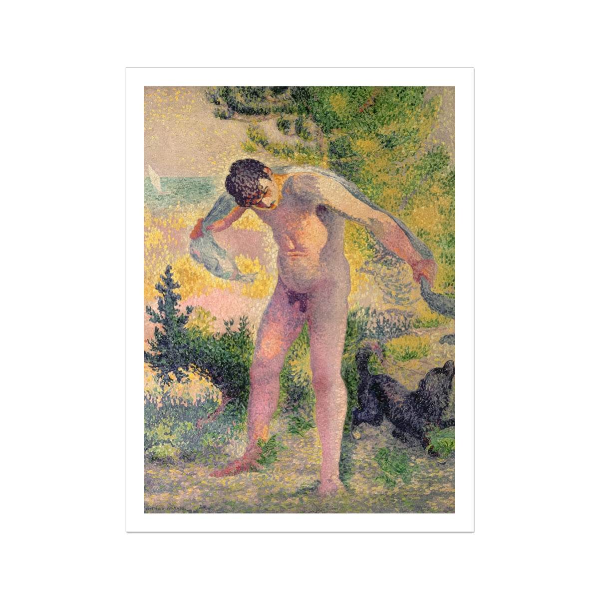 Bather Drying Himself at St Tropez Henri Edmond Cross Art Print, Pointillist Painting Nude Man Towel
