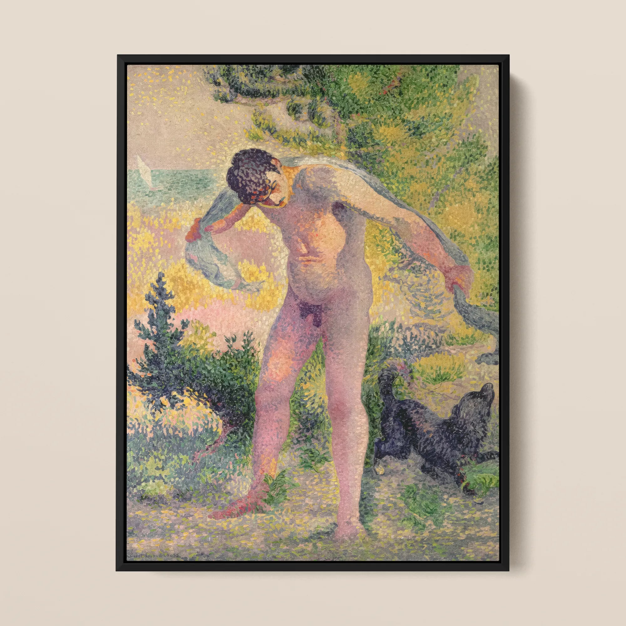 Bather Drying Himself at St Tropez Henri Edmond Cross Framed Canvas, Framed Pointillist Painting Nude Man Towel Black Dog