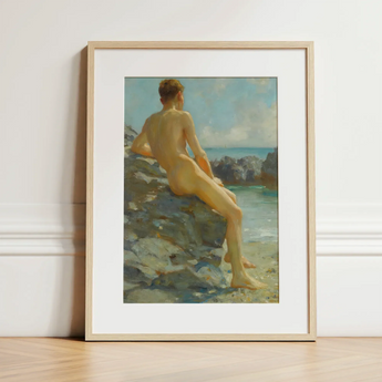 The Bather - Henry Scott Tuke Fine Art Print / Canvas Framed Oil Painting Nude Male Figure Seated Rocks Henry Scott Tuke, Cornish