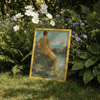 The Bather - Henry Scott Tuke Fine Art Print / Canvas Framed Painting Golden Border Depicts Nude Figure Seated Henry Scott Tuke, Cornish