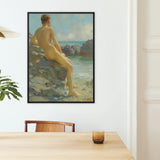 The Bather - Henry Scott Tuke Fine Art Print / Canvas Framed Painting Nude Figure Seated Rocks Sea Rendered Henry Scott Tuke, Cornish