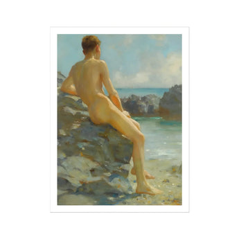 The Bather - Henry Scott Tuke Fine Art Print, Nude Man Seated Rocks