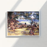 White-framed Painting Sunlit Beach Scene Figures Trees Rendered John Singer Sargent, Sun-drenched Fever Dream, Gay