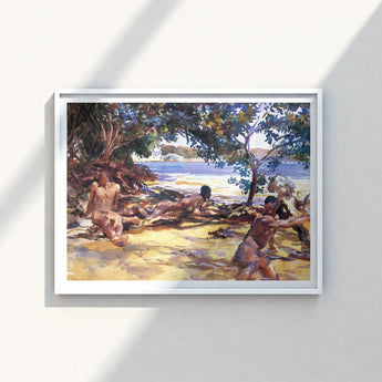 White-framed Painting Beach Scene Figures Trees Warm Earthy John Singer Sargent, Sun-drenched Fever Dream, Gay