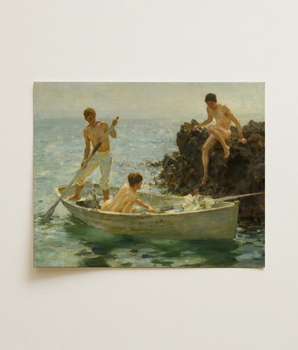 The Bathing Cove (1912) - Henry Scott Tuke Art Print / Canvas Framed Painting Three Shirtless Men Weathered Wooden Rowboat