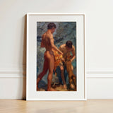 White-framed Art Print Classical Oil Painting Two Nude Henry Scott Tuke, Bathing Group, Fires, Terracotta, Lean Bodies