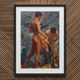 Black-framed Art Print Two Nude Male Figures Classical Henry Scott Tuke, Bathing Group, Fires, Terracotta, Lean Bodies