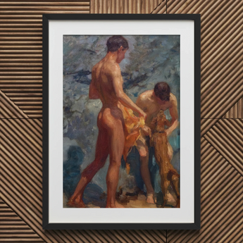 Black-framed Art Print Two Nude Male Figures Classical Henry Scott Tuke, Bathing Group, Fires, Terracotta, Lean Bodies