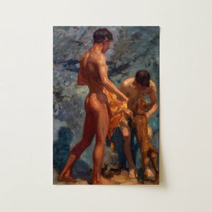 Oil Painting Two Nude Men Coastal Rendered Textured Henry Scott Tuke, Bathing Group, Fires, Terracotta, Lean Bodies, Art