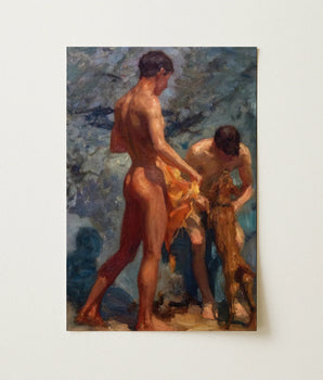 Oil Painting Two Nude Men Coastal Rendered Textured Henry Scott Tuke, Bathing Group, Fires, Terracotta, Lean Bodies, Art