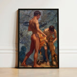 Black-framed Painting Two Nude Male Figures Impressionistic Style Henry Scott Tuke, Bathing Group, Fires, Terracotta, Lean Bodies, Art