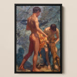 Framed Oil Painting Two Nude Men Coastal Scene Henry Scott Tuke, Bathing Group, Fires, Terracotta, Lean Bodies, Art