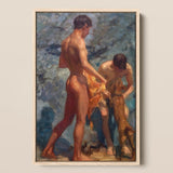Framed Oil Painting Two Nude Male Figures Beachside Henry Scott Tuke, Bathing Group, Fires, Terracotta, Lean Bodies, Art