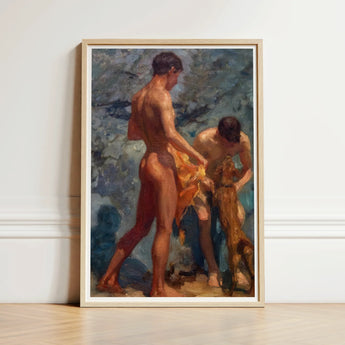 Framed Oil Painting Two Nude Men Dog Outdoor Henry Scott Tuke, Bathing Group, Fires, Terracotta, Lean Bodies, Art