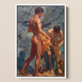 Framed Oil Painting Two Nude Male Figures Coastal Henry Scott Tuke, Bathing Group, Fires, Terracotta, Lean Bodies, Art