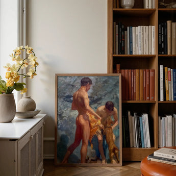 A Bathing Group (1912) - Henry Scott Tuke Art Print / Canvas Framed Painting Two Nude Figures Dynamic Pose Rendered, Fires, Terracotta,