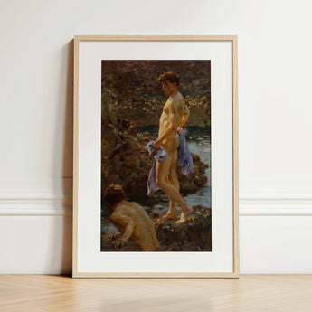 A Bathing Group (1914) - Lámina artística de Henry Scott Tuke / Lienzo, 12x18’’ / 31x46cm / Marco natural / Paspartú, Pósters, impresiones y arte visual
