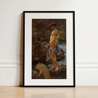 A Bathing Group (1914) - Henry Scott Tuke Art Print / Canvas Black-framed Art Print Classical Oil Painting Two Nude Bathing Group,