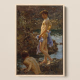 A Bathing Group (1914) - Henry Scott Tuke Art Print / Canvas Framed Oil Painting Two Nude Figures Rocky Water-filled Bathing Group,